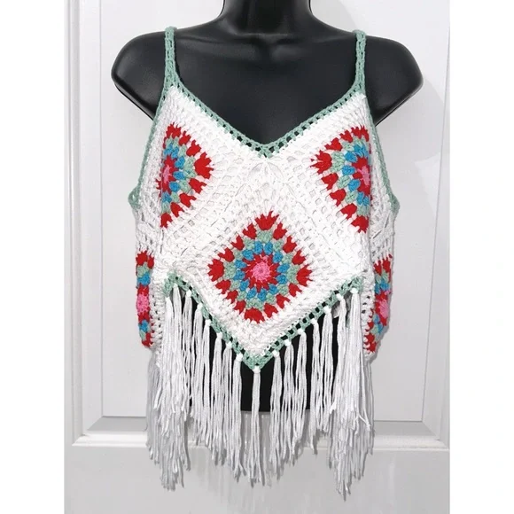 Pink Lily IVORY & MULTI FRINGE HEM CROCHET TANK - Picture 3 of 6
